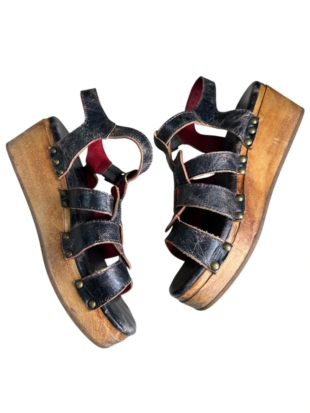 Bed Stu Platform Sandal - Fabiola. Black Distressed Leather. Size 10